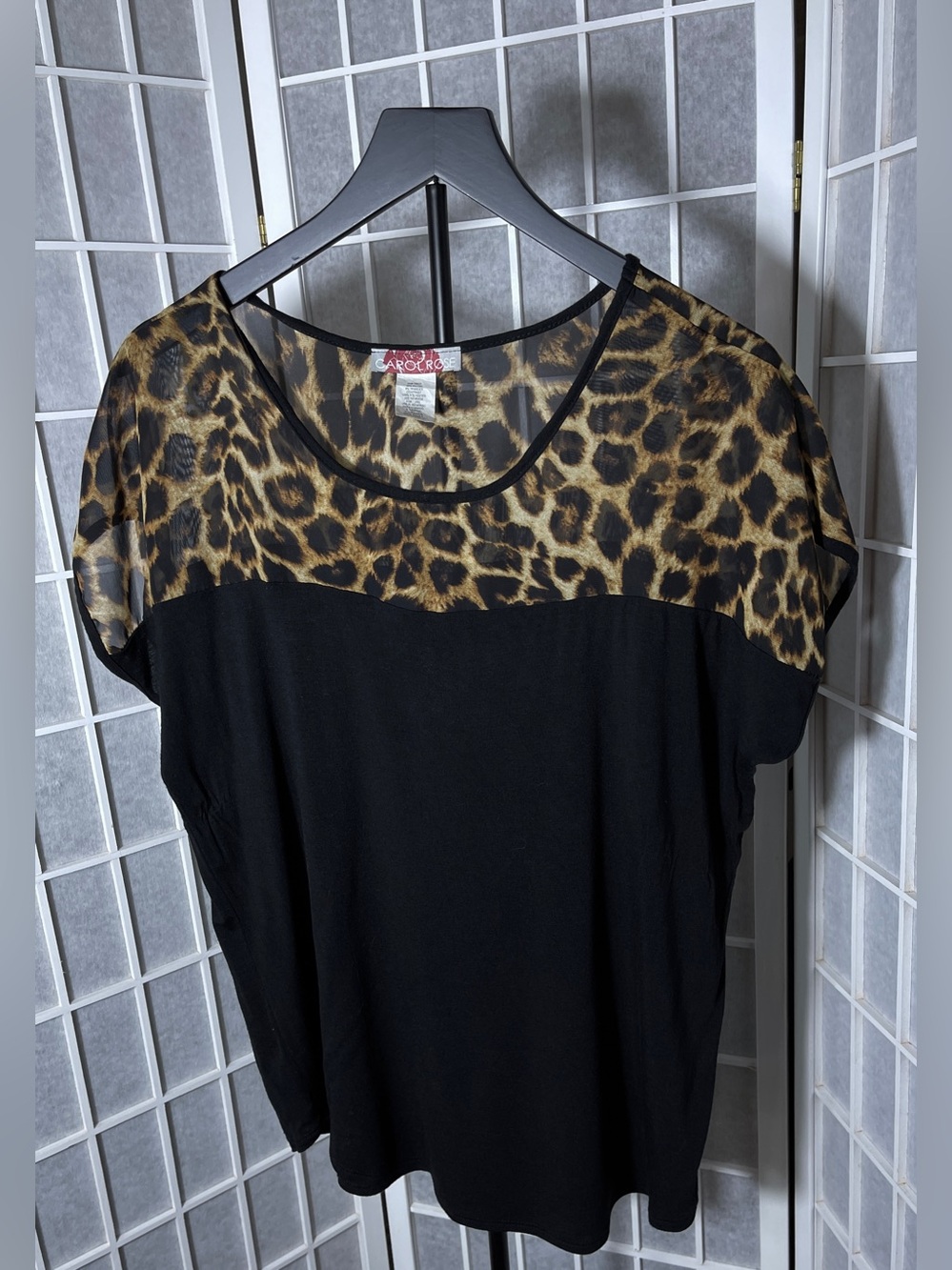 Carol Rose XL Black Top with Leopard Sheer Yoke, Dressy Casual & Sexy